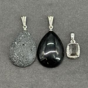 925 Sterling Silver Pendant Lot 3 Black Onyx Lava Rock Smoky Quartz Teardrop